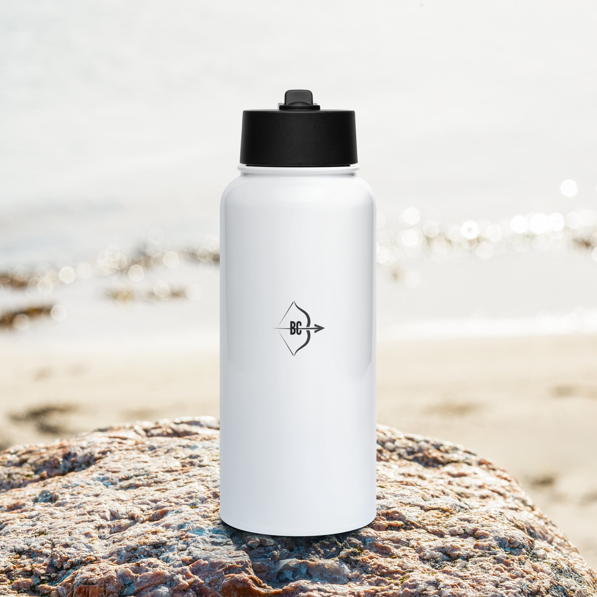 BC-stainless-steel-water-bottle-with-a-straw-lid-white-32-oz-background at the beach 