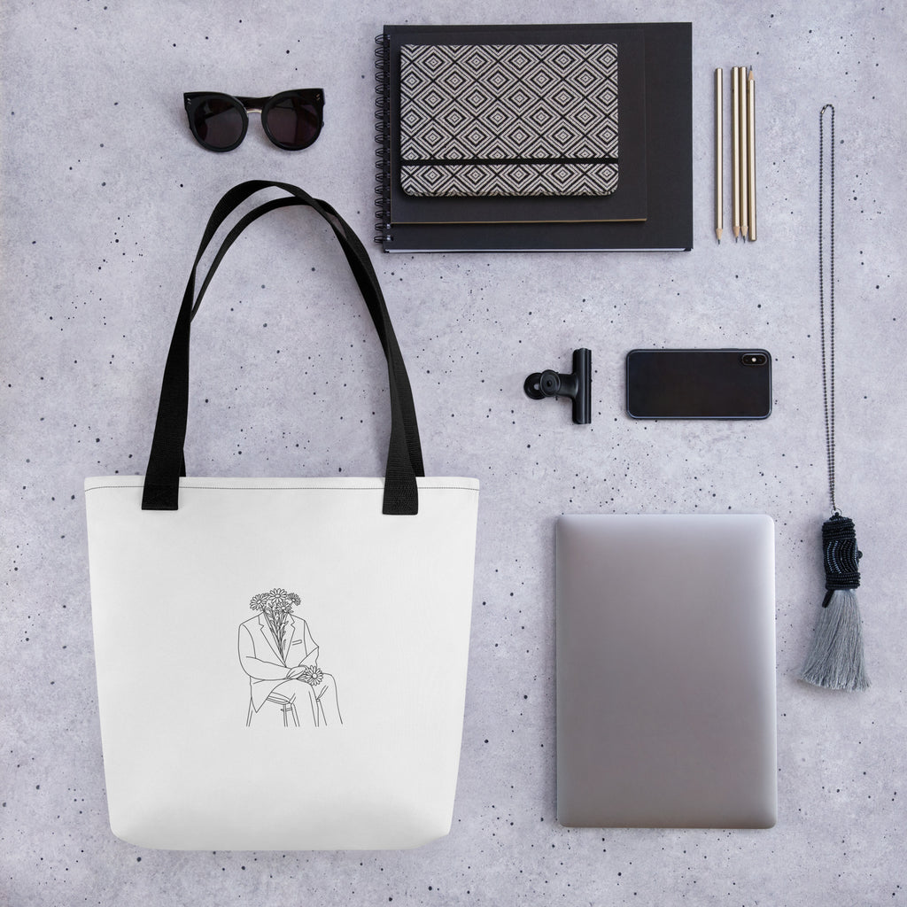 Man in flowers white tote bag with black handle
