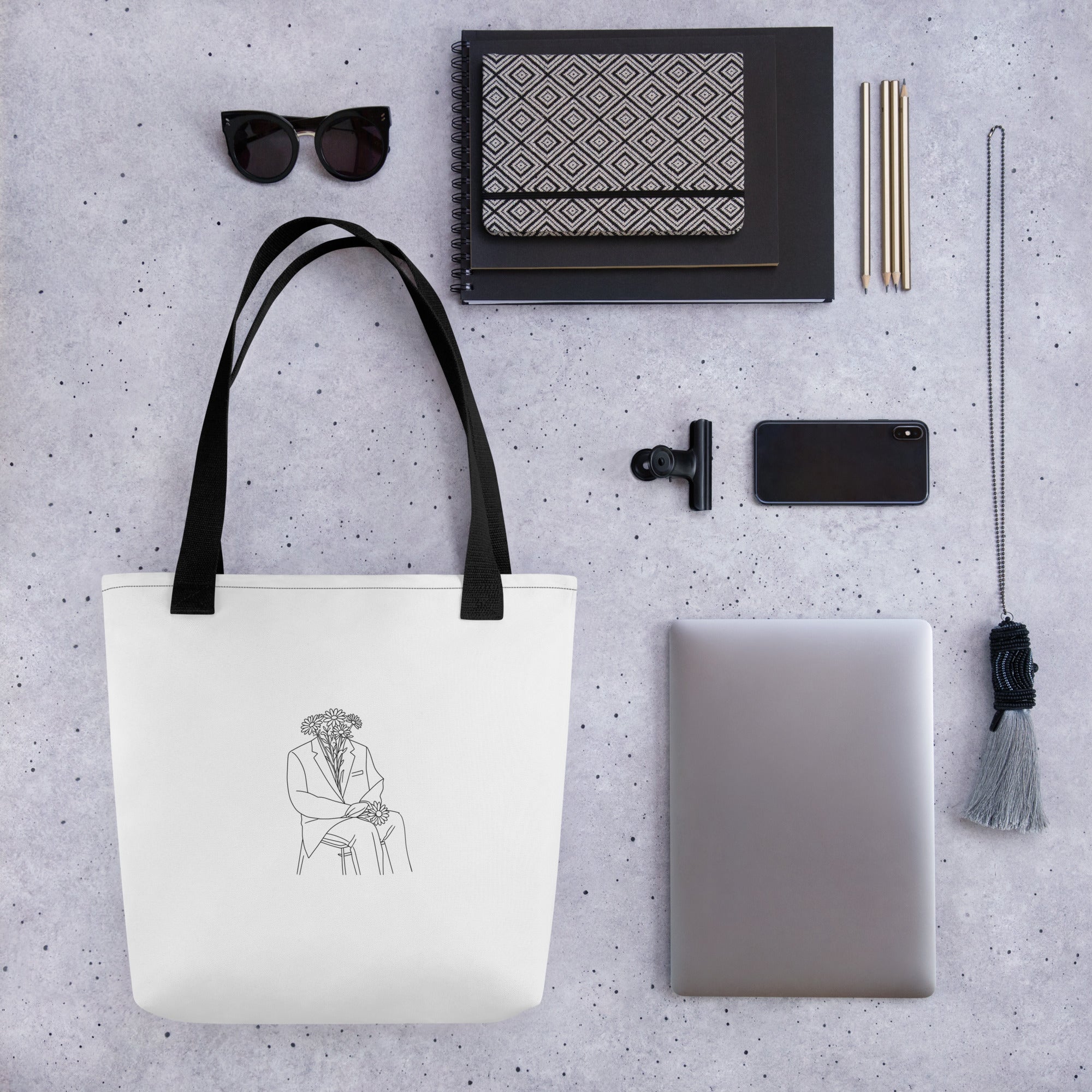 Man in flowers white tote bag with black handle