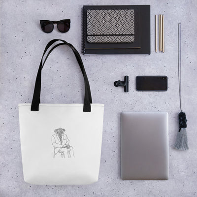 Man in flowers white tote bag with black handle