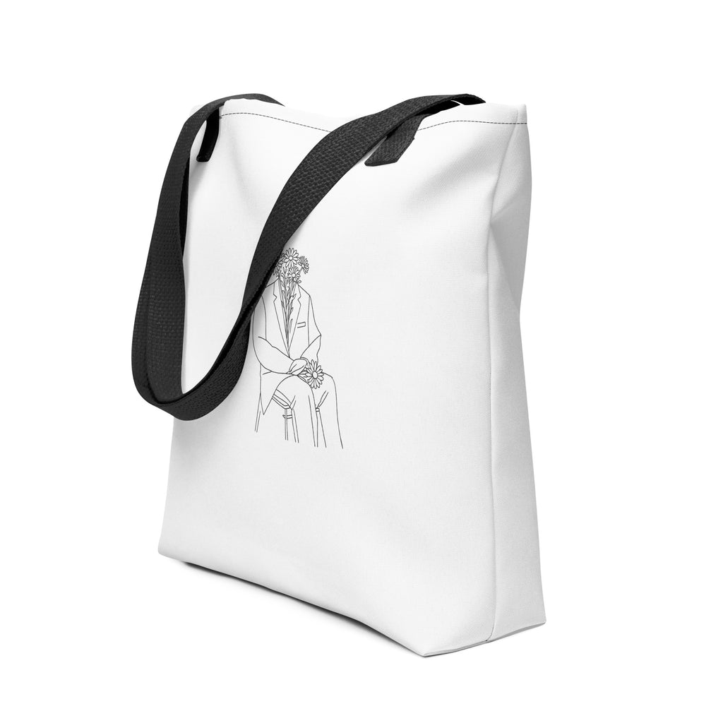 Man in flowers white tote bag with black handle front